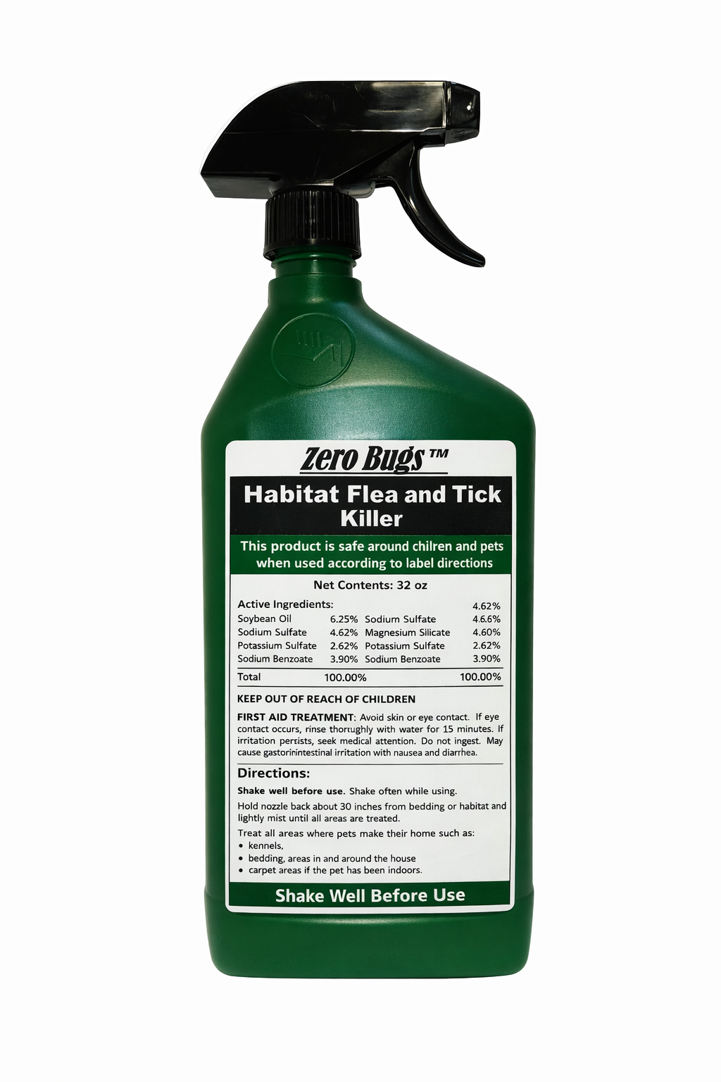 ZeroBugs Flea & Tick Habitat Spray 32 oz bottle label