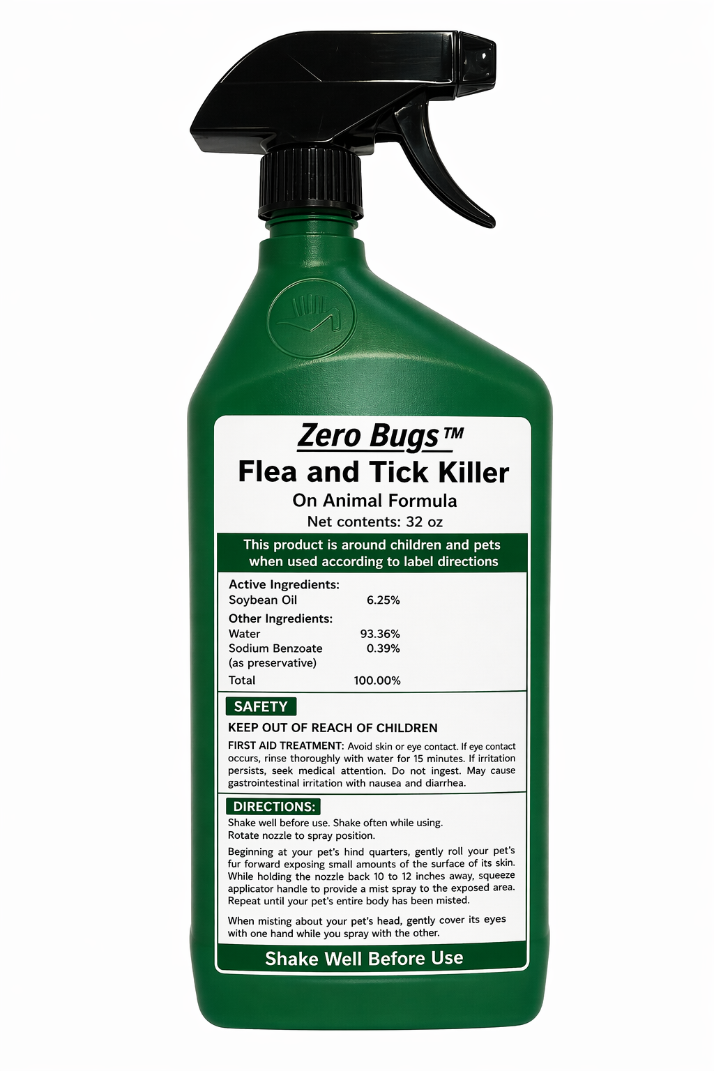 ZeroBugs Flea & Tick On-Animal Spray 32 oz bottle label