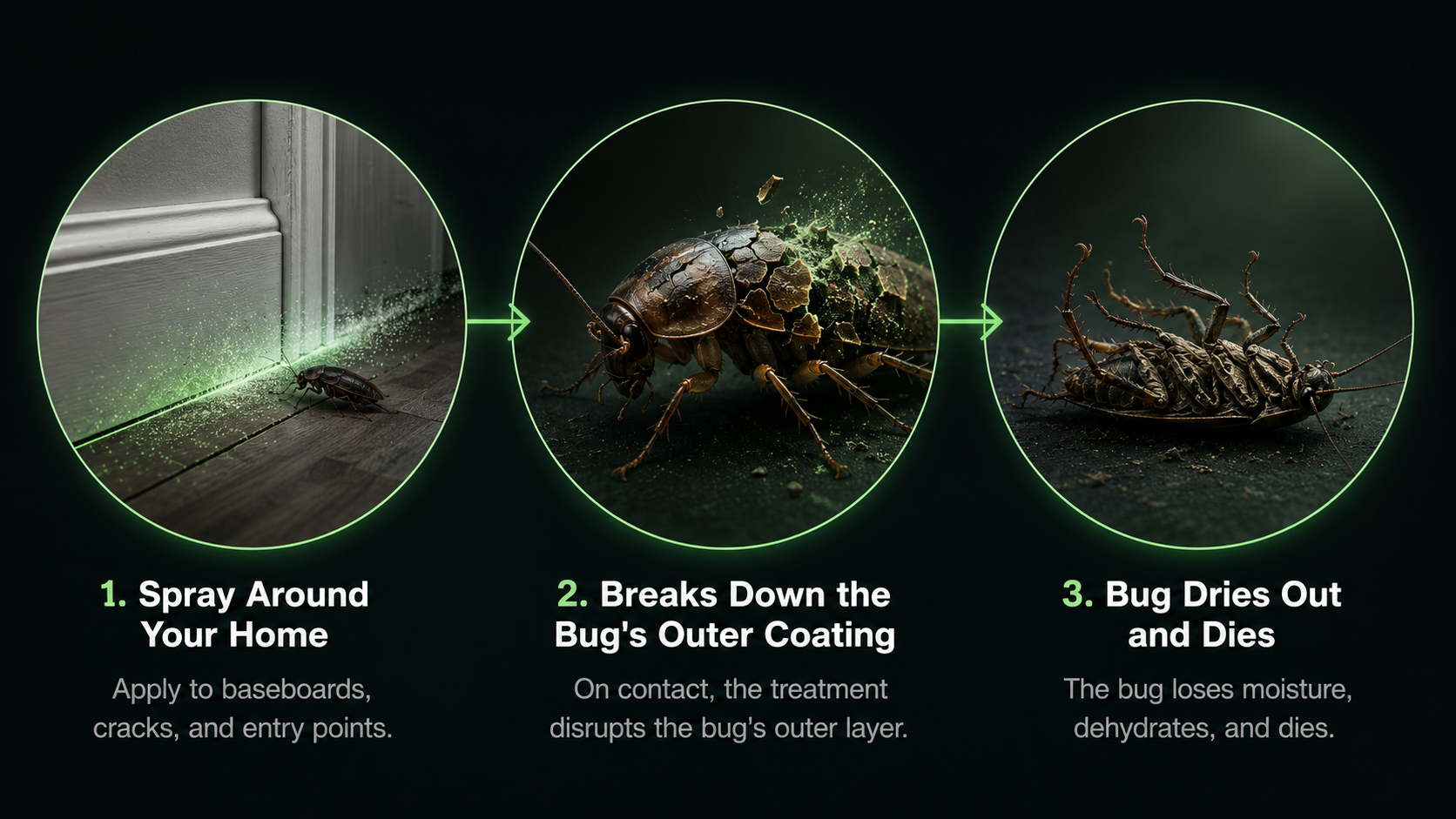 How ZB Guard works: spray around your home, it breaks down the bug's outer coating, the bug dries out.